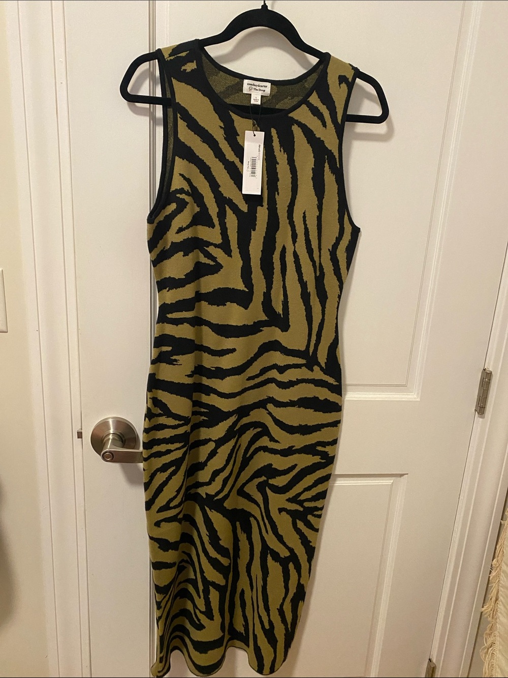 NWT  Coachsydcarter Sleeveless Olive Green Zebra-Print Knit Dress